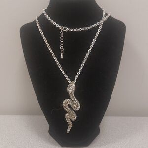 Silvertone Clear Rhinestone Snake Pendant Long Necklace